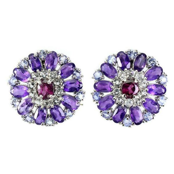 Natural  Rhodolite Garnet  Amethyst Tanzanite Earrings