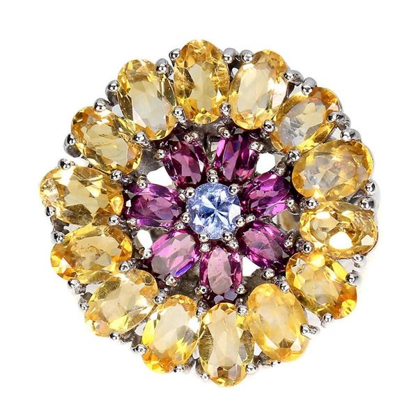 Natural Citrine  Rhodolite Tanzanite Ring