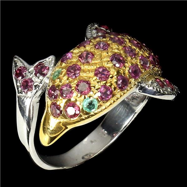 Natural Unheated  Rhodolite Garnet & Emerald Dolphin Ring