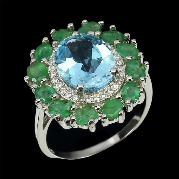 Natural Blue Topaz & Colombian Emerald Ring