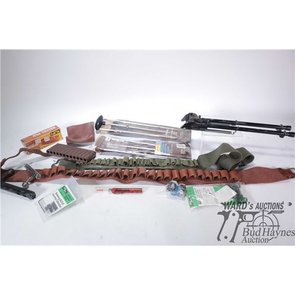 Selection of gun accessories including Cooey rifle bolt, unknown rifle bolt, bipod, cleaning kits, r