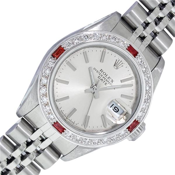 Rolex Ladies Stainless Steel Silver Index Ruby and Diamond Date Wristwatch