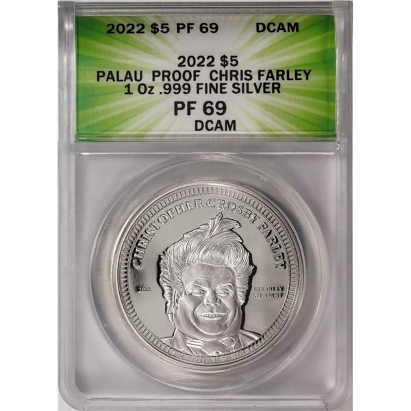 2022 $5 Palau Proof Chris Farley Silver Coin ANACS PF69DCAM