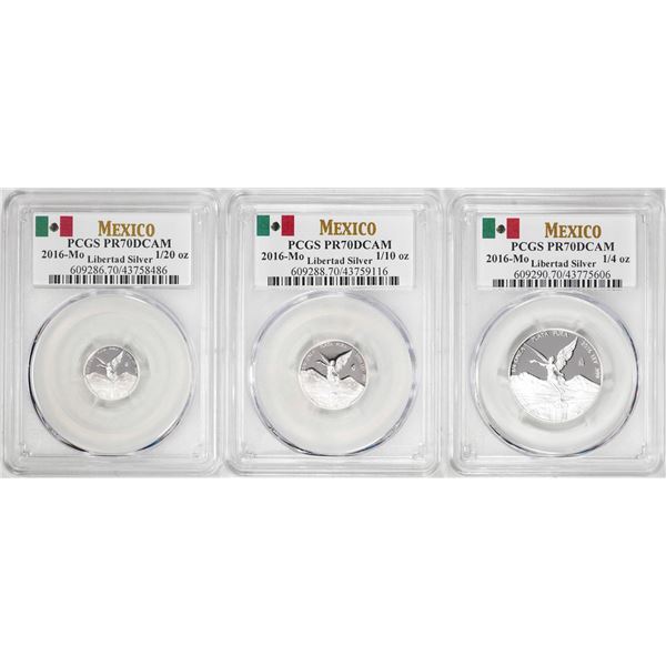 Lot of 2016-Mo Mexico Proof 1/20, 1/10 and 1/4 oz Silver Libertad Coins PCGS PR69DCAM