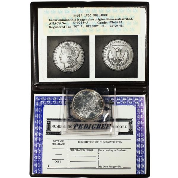 1900 $1 Morgan Silver Dollar Coin in ANACS MS63 in Folder