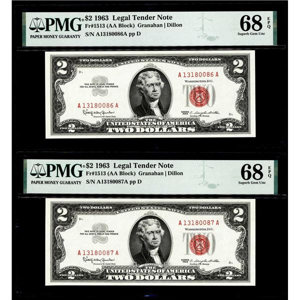 (2) Consecutive 1963 $2 Legal Tender Notes Fr.1513 PMG Superb Gem Uncirculated 68EPQ