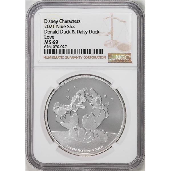 2021 Niue $2 Disney Characters Donald Duck & Daisy Duck Love Silver Coin NGC MS69