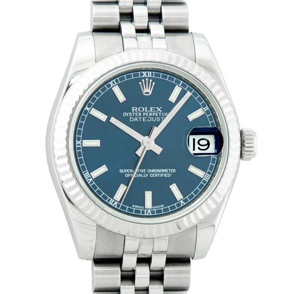 Rolex Ladies Midsize Stainless Steel Blue Index Datejust Wristwatch