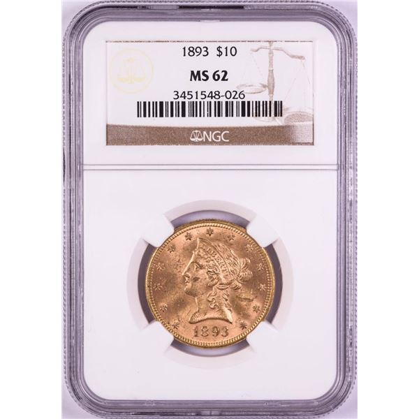 1893 $10 Liberty Head Half Eagle Gold Coin NGC MS62