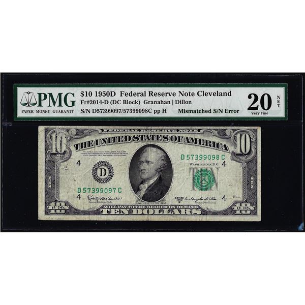 1950D $10 Federal Reserve Note Mismatched Serial Number Error PMG Very Fine 20 Net