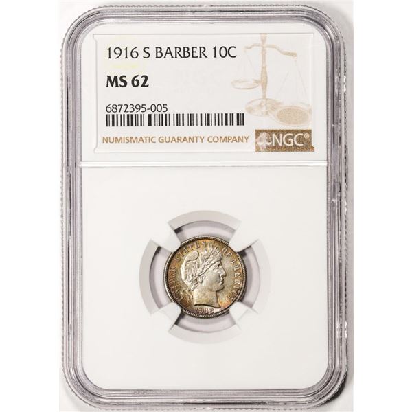 1916-S Barber Dime Coin NGC MS62 Amazing Toning