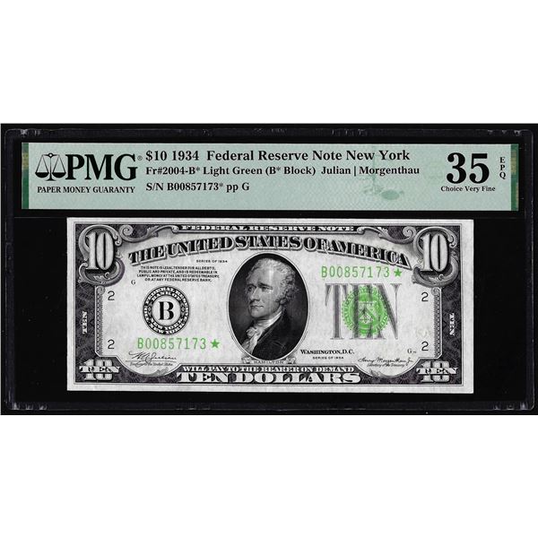 1934 $10 Federal Reserve Star Note Light Green Seal Fr.2004-B* PMG Ch. Very Fine 35EPQ