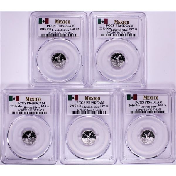 Lot of (5) 2016-Mo Mexico Proof 1/20 oz Silver Libertad Coin PCGS PR69DCAM