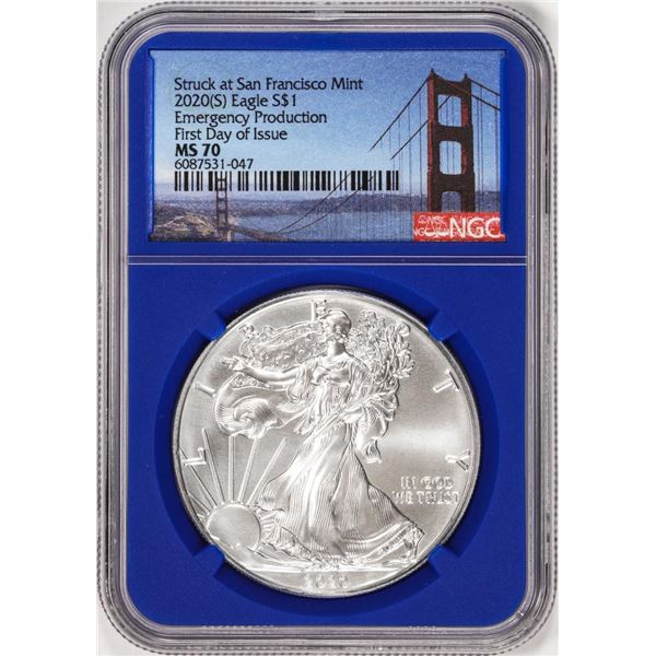 2020(S) $1 American Silver Eagle Coin NGC MS70 FDOI San Francisco Mint Blue Core