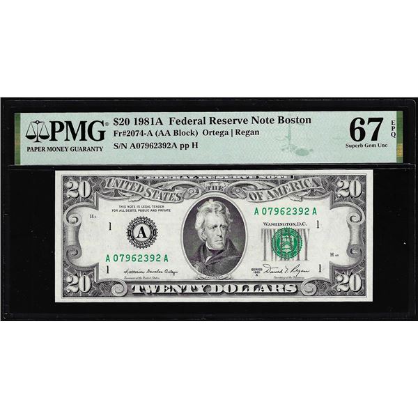 1981A $20 Federal Reserve Note Boston Fr.2074-A PMG Superb Gem Uncirculated 67EPQ