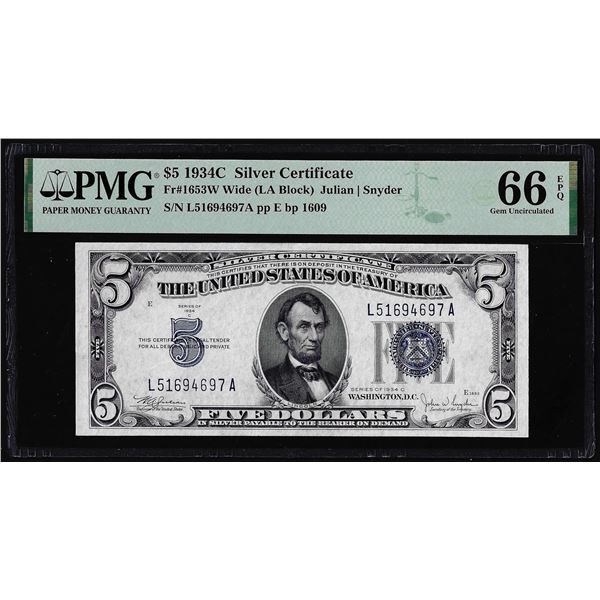 1934C $5 Silver Certificate Note Fr.1653W Wide PMG Gem Uncirculated 66EPQ