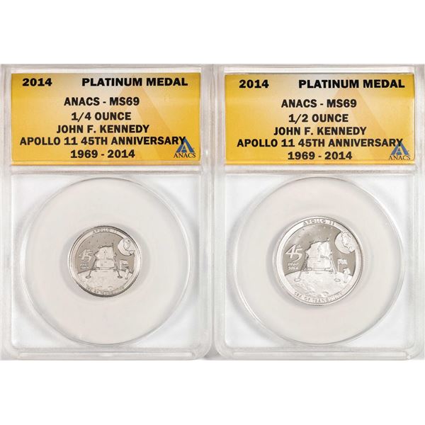 Set of 2014 Proof 1/4 oz & 1/2 oz Platinum JFK Apollo 11 Anniversary Medal ANACS MS69