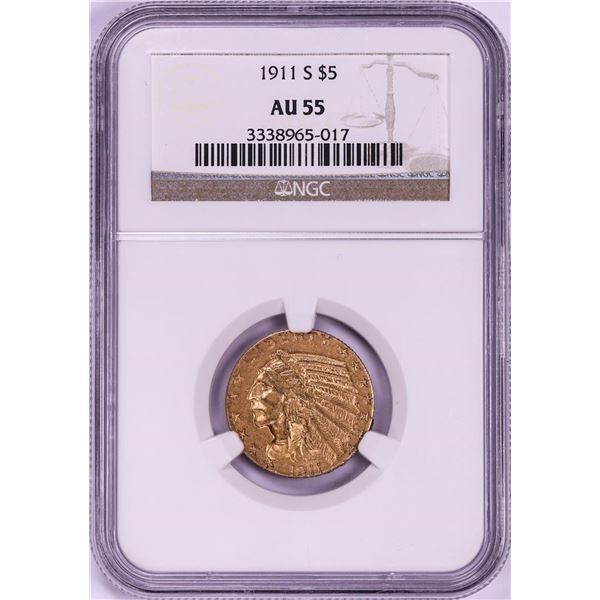 1911-S $5 Indian Head Half Eagle Gold Coin NGC AU55