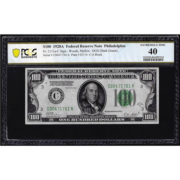 1928A $100 Federal Reserve Note Philadelphia Fr.2150a-C PCGS Extremely Fine 40