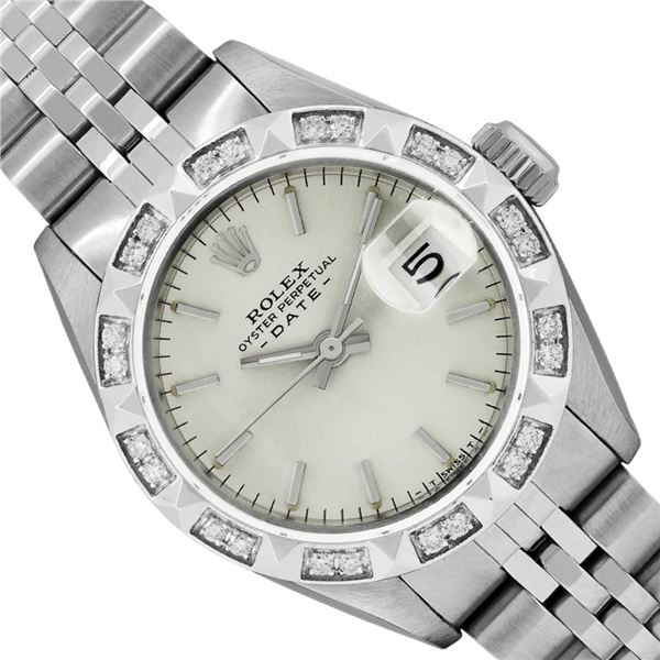 Rolex Ladies Stainless Steel Silver Index Diamond Date Wristwatch With Rolex Box