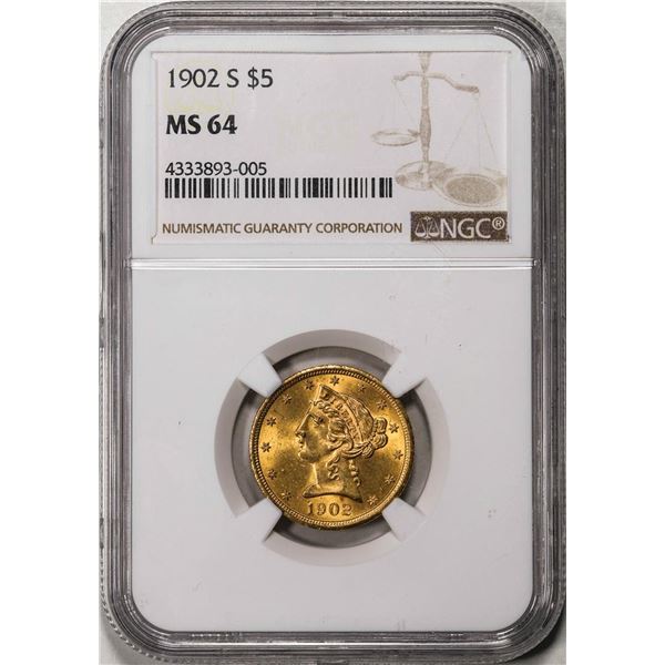 1902-S $5 Liberty Head Half Eagle Gold Coin NGC MS64