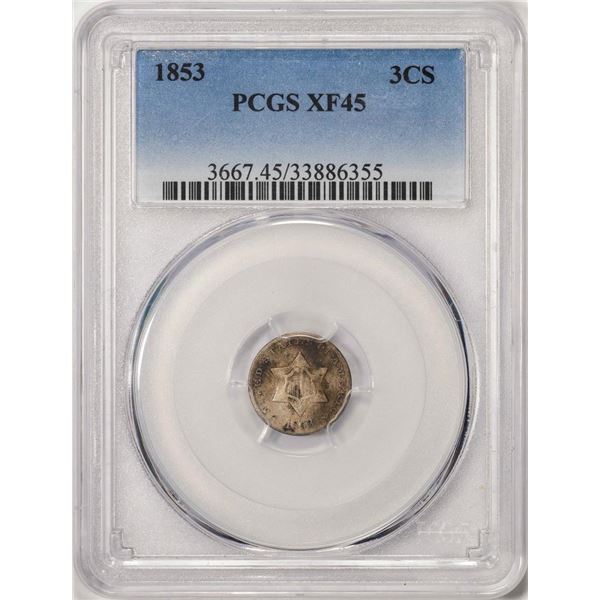 1853 Three Cent Silver Coin PCGS XF45