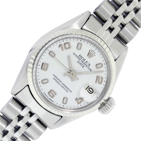 Rolex Ladies Stainless Steel White Arabic Oyster Perpetual Date Wristwatch