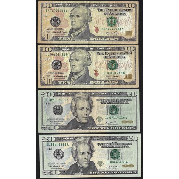 Lot of (4) 2006/2009 $10 & $20 Federal Reserve Note Fancy Trinary Serial Numbers