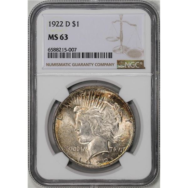 1922-D $1 Peace Silver Dollar Coin NGC MS63