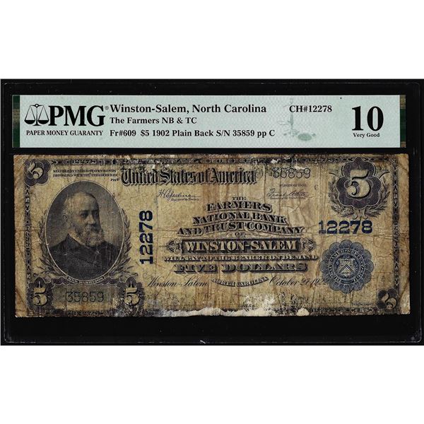 1902PB $5 Winston-Salem, NC National Currency Note CH# 12278 PMG Very Good 10