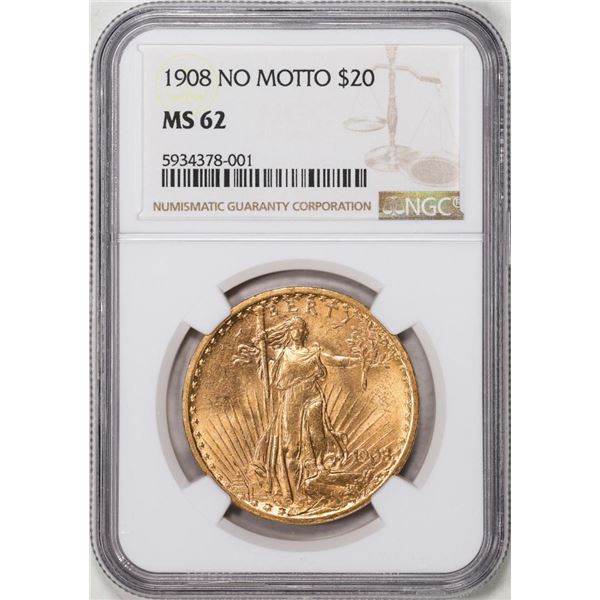 1908 No Motto $20 St. Gaudens Double Eagle Gold Coin NGC MS62