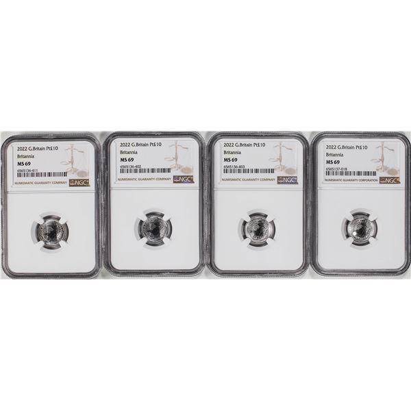 Lot of (4) 2022 Great Britain 10 Pounds Britannia 1/10oz Platinum Coins NGC MS69