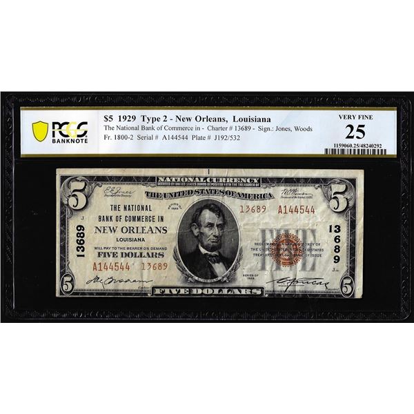 1929 Type 2 $5 NB New Orleans, LA National Currency Note CH# 13689 PCGS Very Fine 25