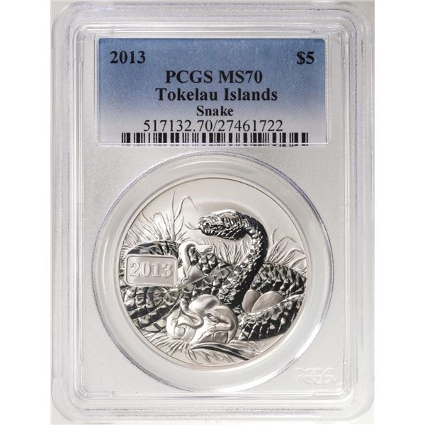 2013 Tokelau Islands $5 Snake Silver Coin PCGS MS70