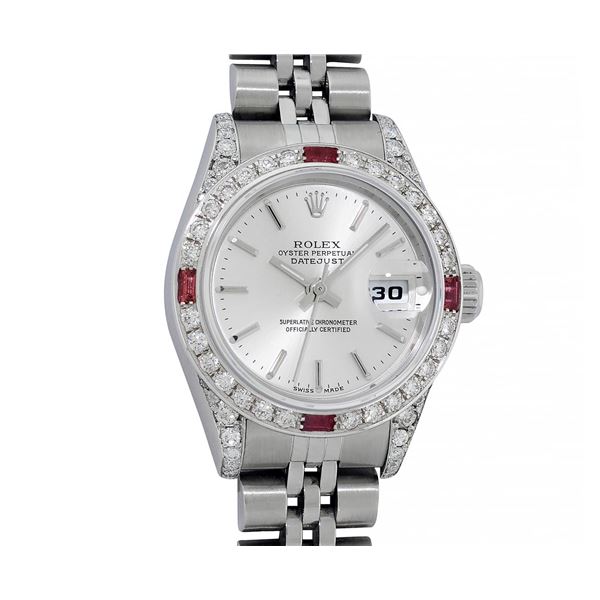 Rolex Ladies Stainless Steel Ruby and Diamond Datejust Wristwatch