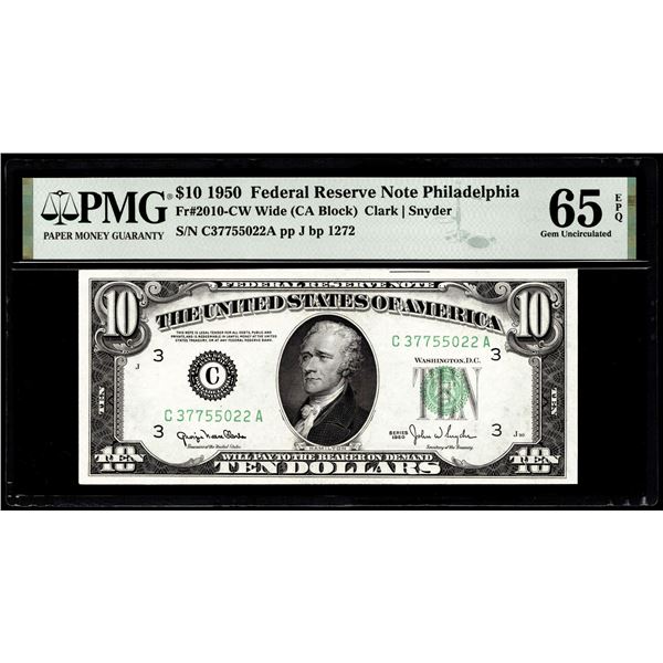 1950 $10 Federal Reserve Note Philadelphia Fr.2010-CW Wide PMG Gem Uncirculated 65EPQ