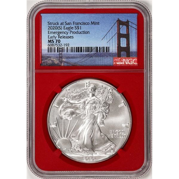 2020(S) $1 American Silver Eagle Coin NGC MS70 Early Releases San Francisco Red Core