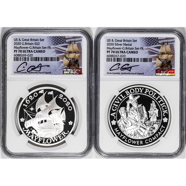 2020 Proof US & Great Britain Mayflower Coin Set NGC PF70 Ultra Cameo Costello Signed