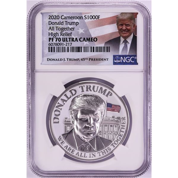 2020 Cameroon 1000 Francs High Relief Donald Trump Silver Coin NGC PF70 Ultra Cameo