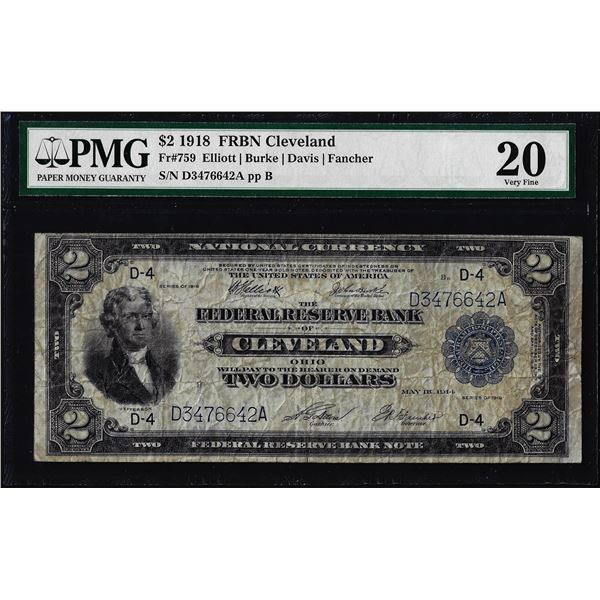 1918 $2 Battleship Federal Reserve Bank Note Cleveland Fr.759 PMG Very Fine 20