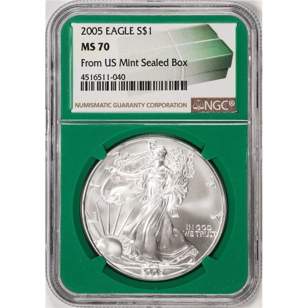 2005 $1 American Silver Eagle Coin NGC MS70 From US Mint Sealed Box Green Core