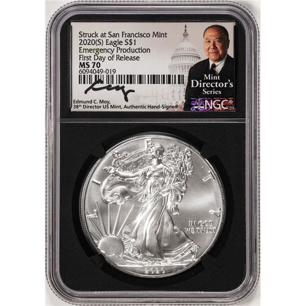 2020(S) $1 American Silver Eagle Coin NGC MS70 First Day of Release Moy Signature