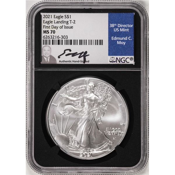 2021 Type 2 $1 American Silver Eagle Coin NGC MS70 FDOI Edmund Moy Signature