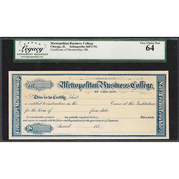 1880's Metropolitan Business College Chicago, IL Obsolete Check Legacy Very Choice New 64