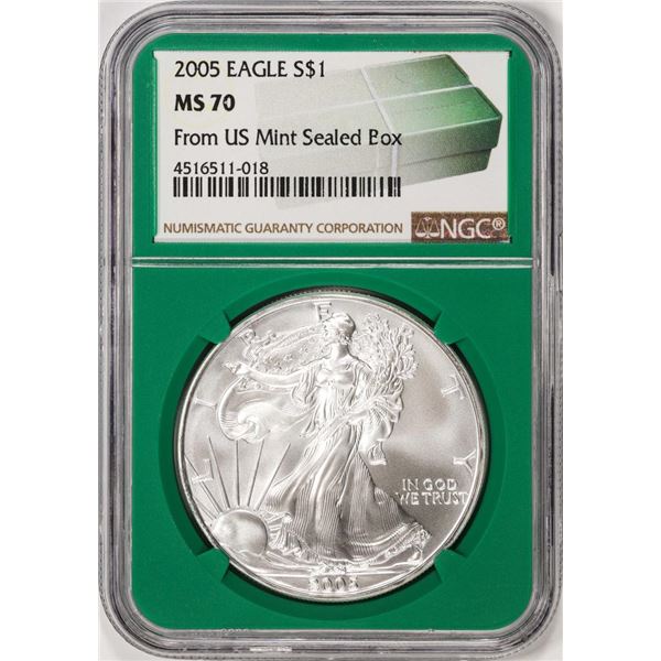 2005 $1 American Silver Eagle Coin NGC MS70 From US Mint Sealed Box Green Core