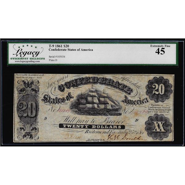 1861 $20 Confederate States of America Note T-9 Legacy Extremely Fine 45