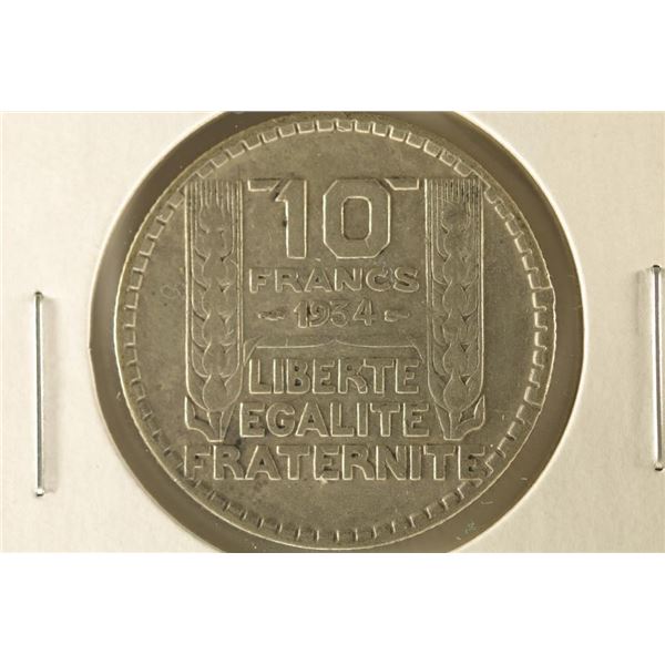 1934 FRANCE SILVER 10 FRANCS .2186 OZ. ASW