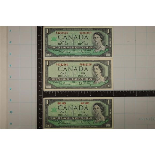 3-BANK OF CANADA CRISP UNC $1 BILLS: 1-1954 & 2-