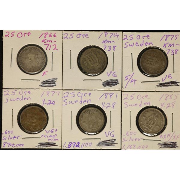 1866, 74, 75, 77, 81 & 1885 SWEDEN SILVER 25 ORE