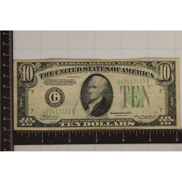 1934-A US $10 FRN GREEN SEAL INK ON OBVERSE